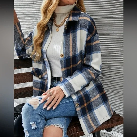 Comfy Oversized Plaid Button Down Jacket - Picture 5 of 13